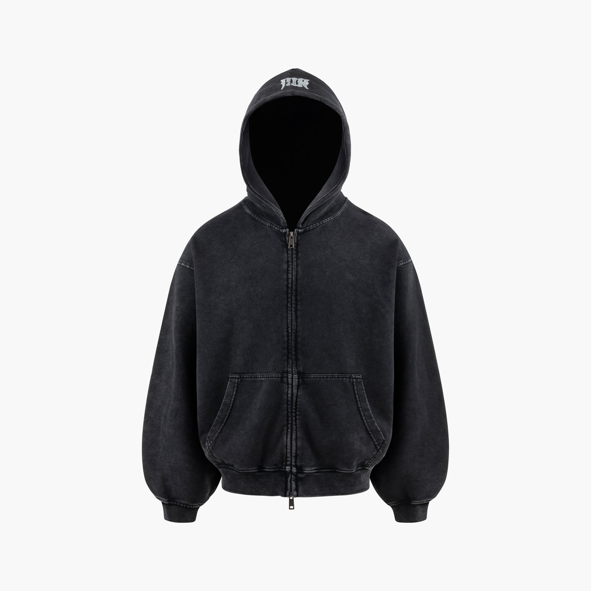 Black Washed Plain Boxy Zip Hoodie