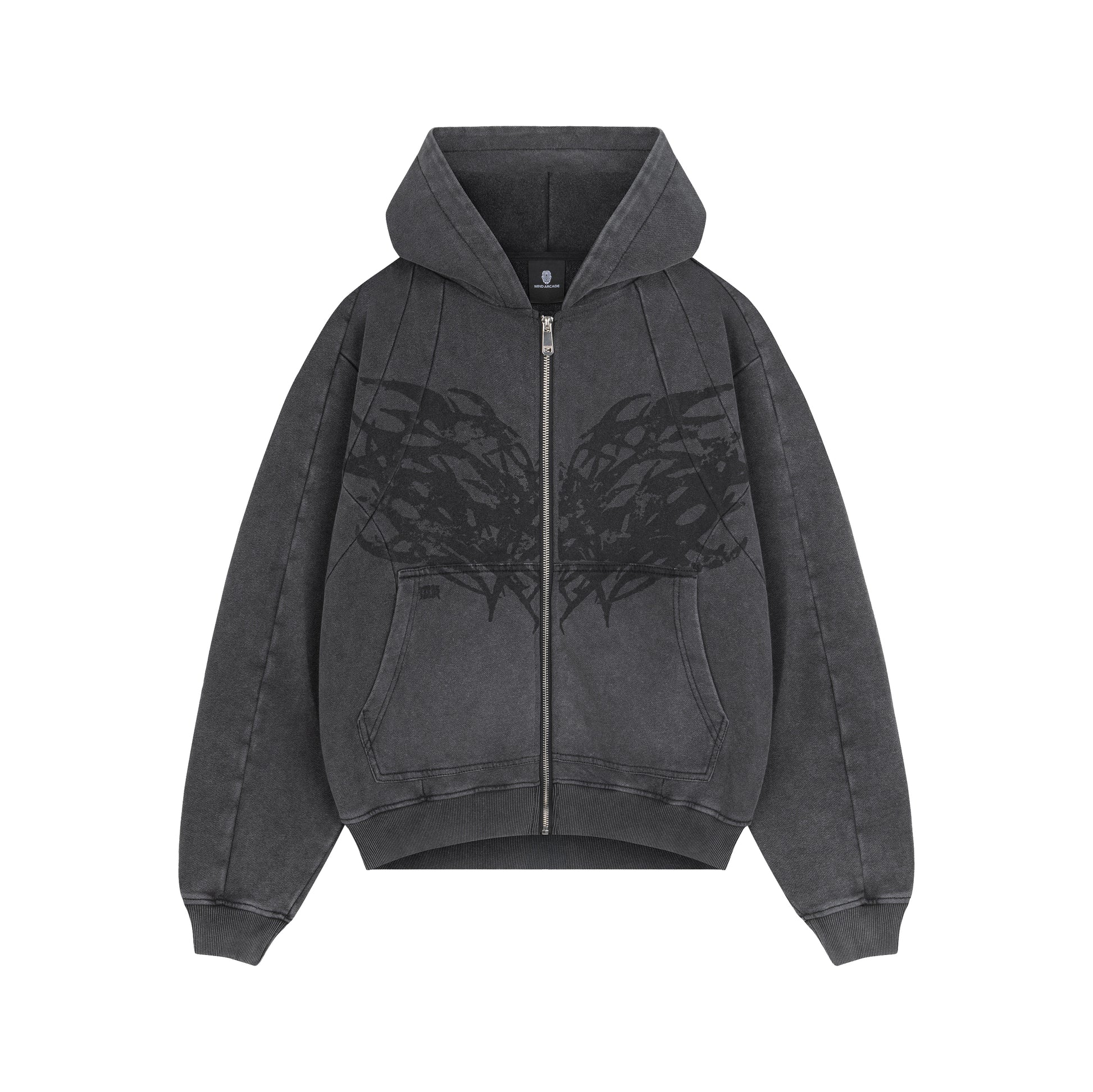 Graphite Washed Boxy Tribal Zip Hoodie