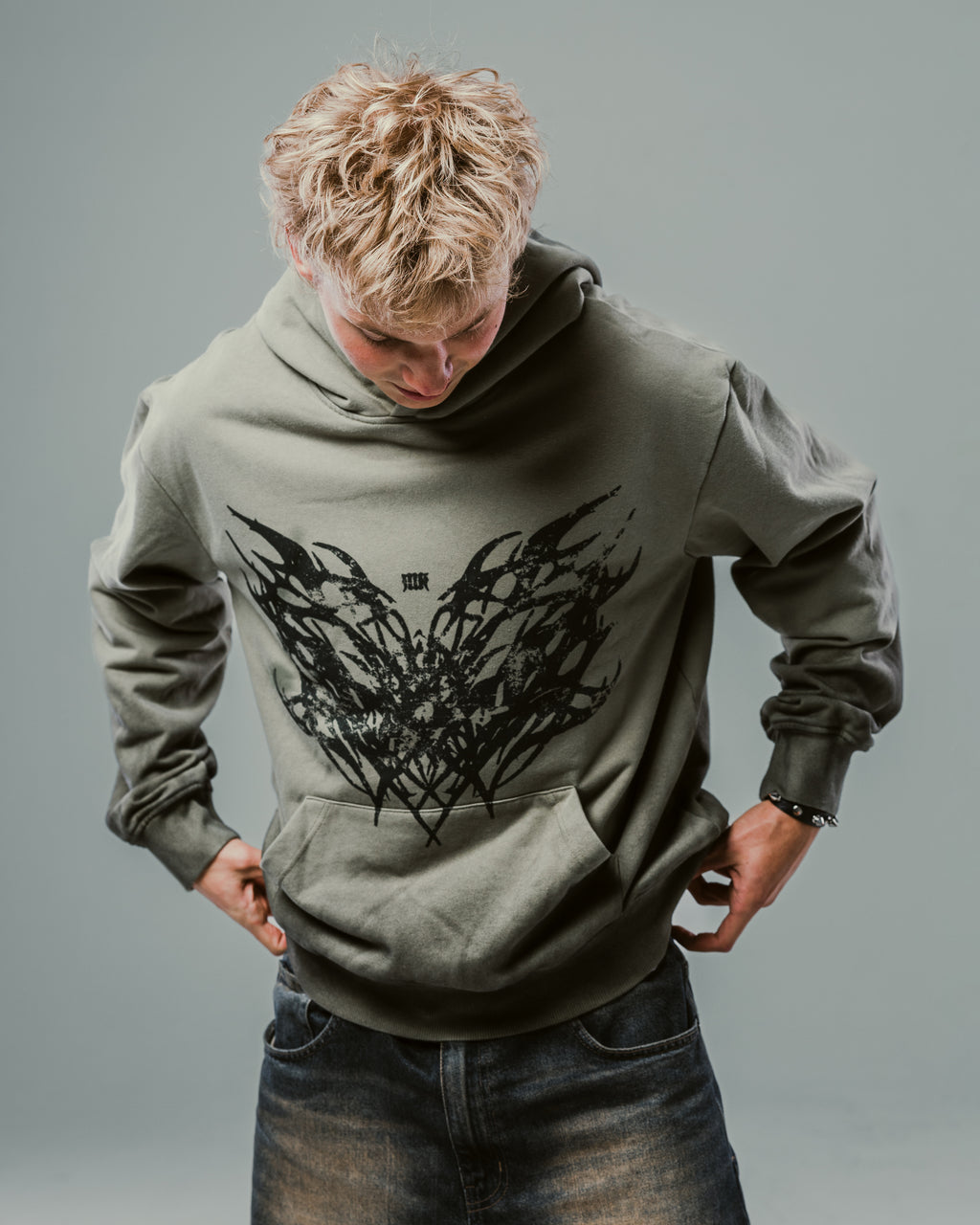 Olive Washed Boxy Tribal Hoodie