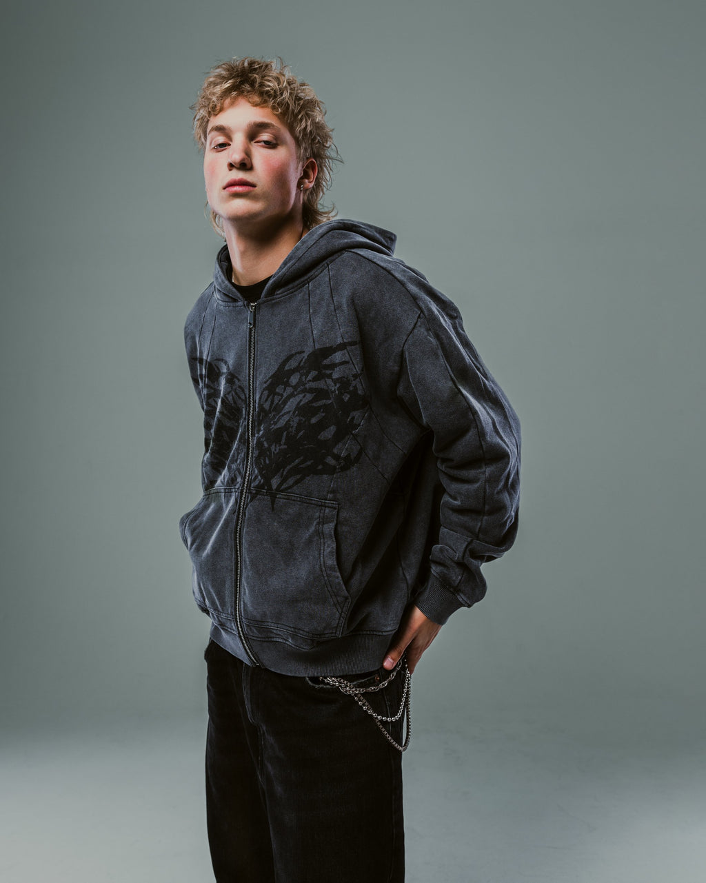 Graphite Washed Boxy Tribal Zip Hoodie