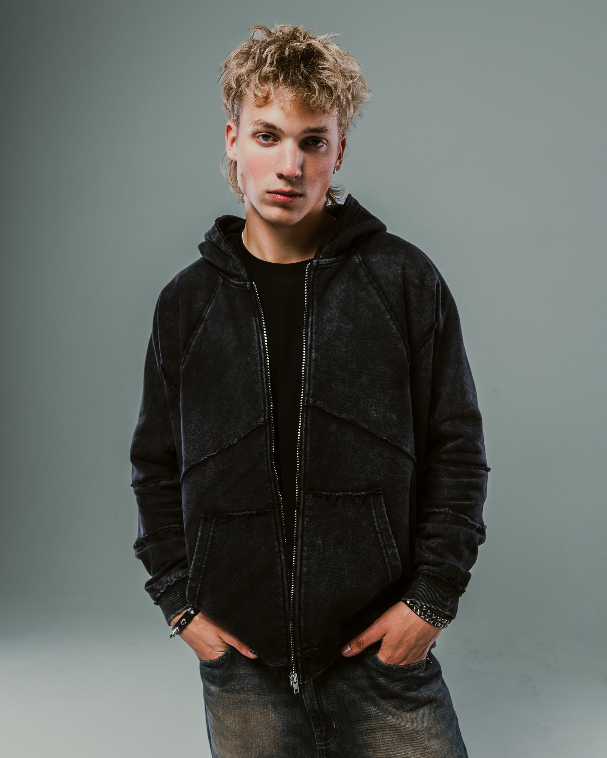 Black Washed Raw & Frayed Zip Hoodie