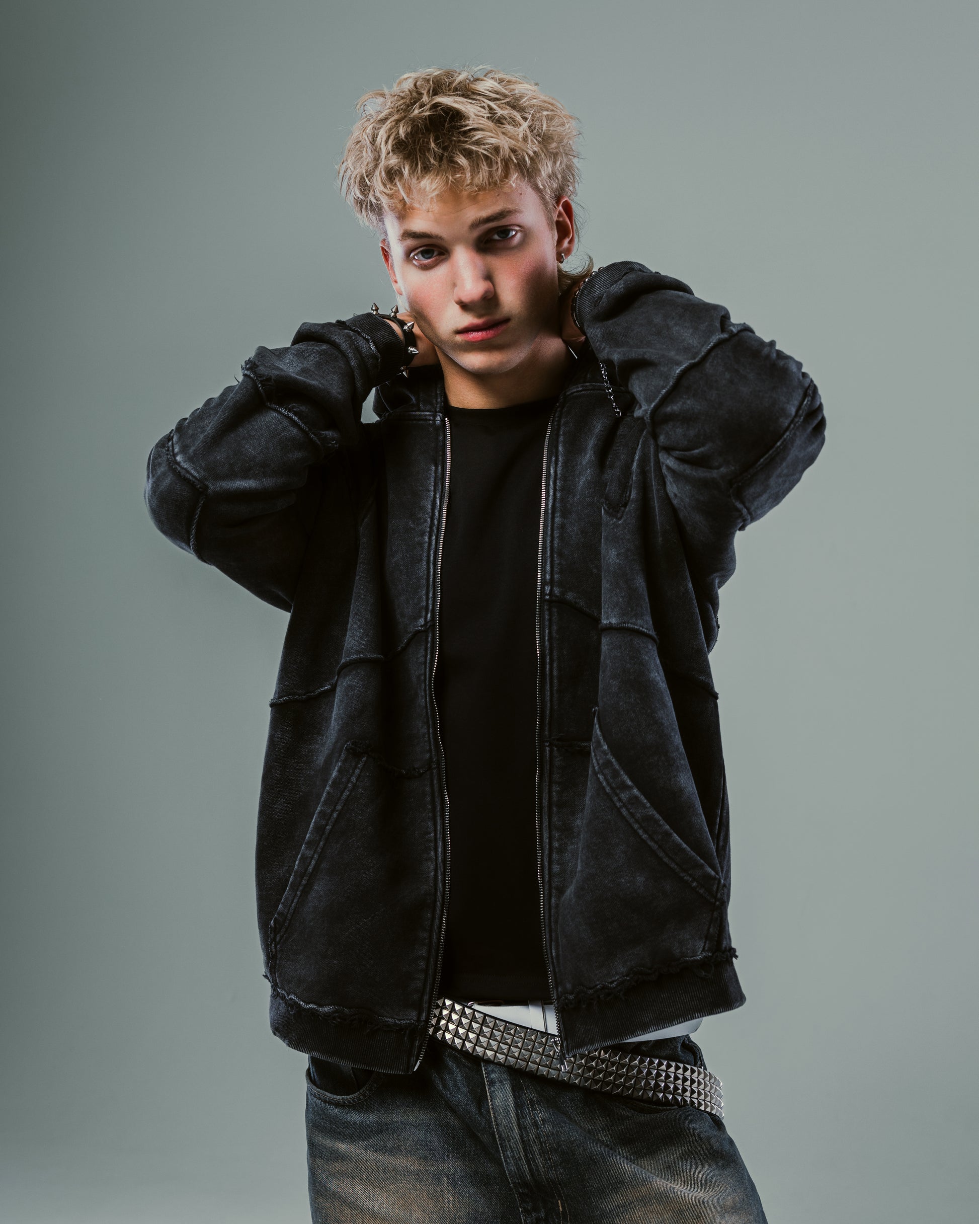 Black Washed Raw & Frayed Zip Hoodie