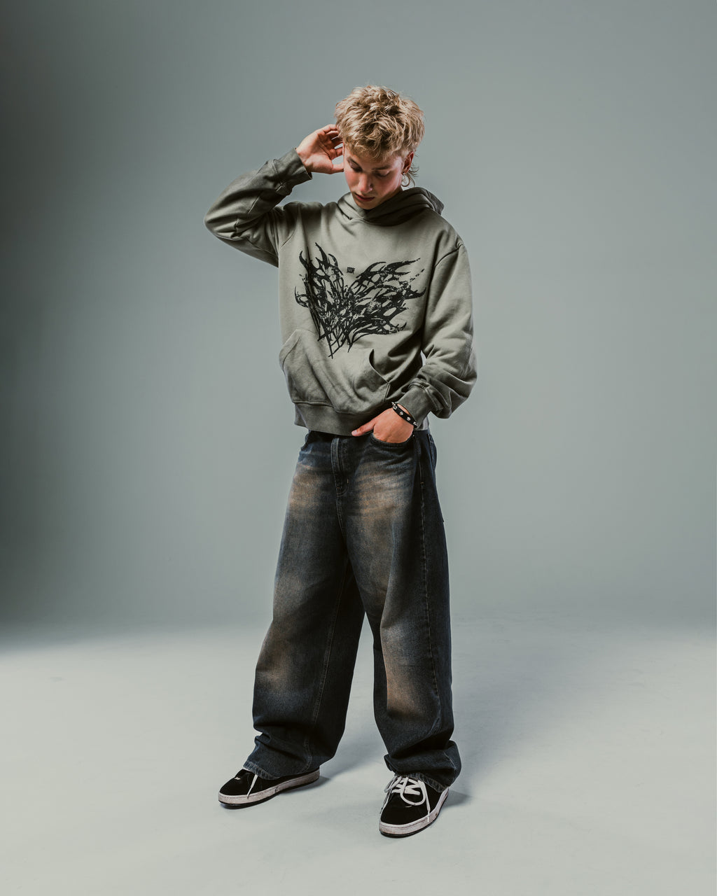 Olive Washed Boxy Tribal Hoodie